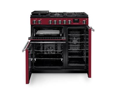 Front view of Rangemaster Professional 90 Bordeaux Dual Fuel Range Cooker showing oven doors and controls