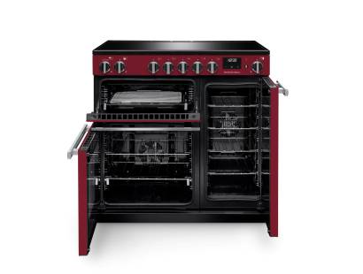 Front view of Rangemaster Professional 90 Bordeaux Induction Range Cooker showing oven doors and controls