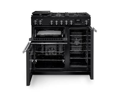 Front view of Rangemaster Professional 90 Charcoal Black Dual Fuel Range Cooker