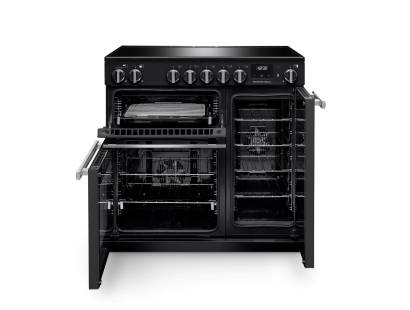 Front view of Rangemaster Professional 90 Charcoal Black Induction Range Cooker showing oven doors and controls