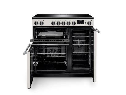 Front view of Rangemaster Professional 90 Ivory Induction Range Cooker showing oven doors and controls