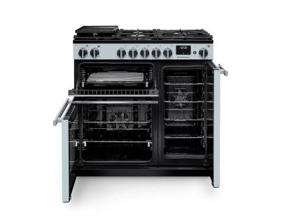 Front view of Rangemaster Professional 90 Misty Blue Dual Fuel Range Cooker showing oven doors and controls