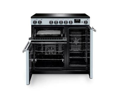 Front view of Rangemaster Professional 90 Misty Blue Induction Range Cooker showing oven doors and controls