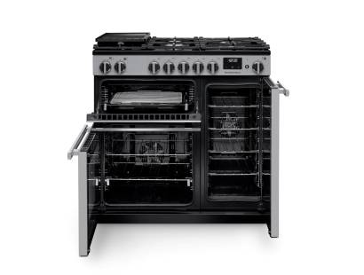 Front view of Rangemaster Professional 90 Stainless Steel Dual Fuel Range Cooker