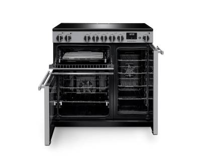 Front view of Rangemaster Professional 90 Stainless Steel Induction Range Cooker showing oven doors and controls