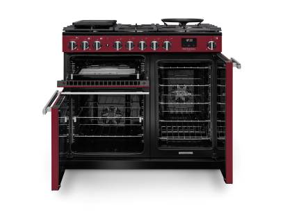 Front view of Rangemaster Professional Deluxe 100 Bordeaux Dual Fuel Range Cooker showing oven doors and controls
