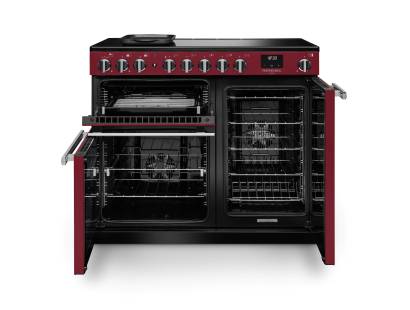 Front view of Rangemaster Professional Deluxe 100 Bordeaux Induction Range Cooker showing oven doors and controls