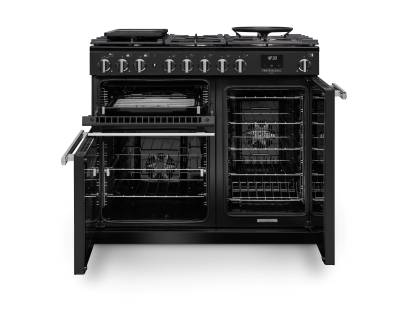 Front view of Rangemaster Professional Deluxe 100 Charcoal Black Dual Fuel Range Cooker showing oven doors and controls