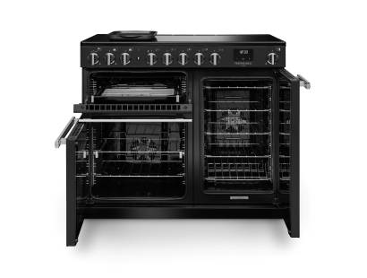 Front view of Rangemaster Professional Deluxe 100 Charcoal Black Induction Range Cooker showing oven doors and controls