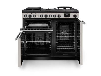 Front view of Rangemaster Professional Deluxe 100 Ivory Dual Fuel Range Cooker showing oven doors and controls