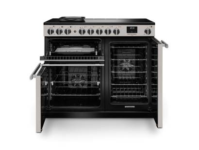 Front view of Rangemaster Professional Deluxe 100 Ivory Induction Range Cooker showing oven doors and controls