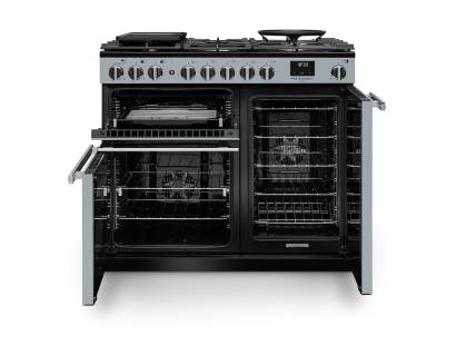 Front view of Rangemaster Professional Deluxe 100 Misty Blue Dual Fuel Range Cooker showing oven doors and controls