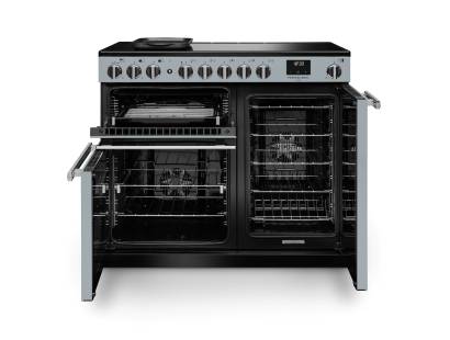 Front view of Rangemaster Professional Deluxe 100 Misty Blue Induction Range Cooker showing oven doors and controls