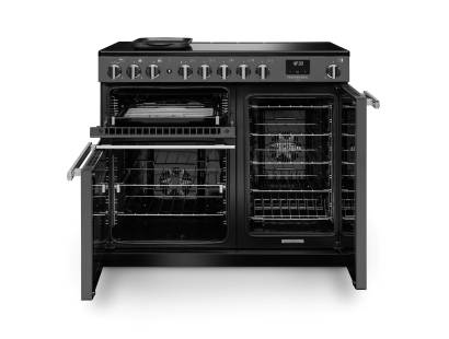 Front view of Rangemaster Professional Deluxe 100 Slate Induction Range Cooker showing oven doors and controls