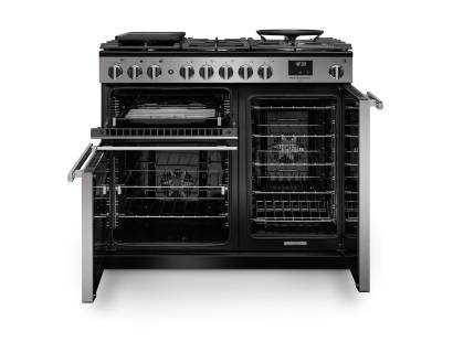 Front view of Rangemaster Professional Deluxe 100 Stainless Steel Dual Fuel Range Cooker showing oven doors and controls