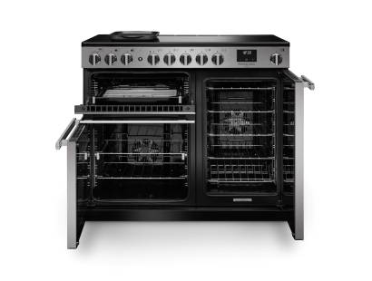 Front view of Rangemaster Professional Deluxe 100 Stainless Steel Induction Range Cooker showing oven doors and controls