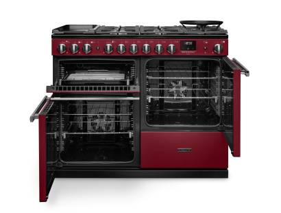 Front view of Rangemaster Professional Deluxe 110 Bordeaux Dual Fuel Range Cooker showing oven doors and controls
