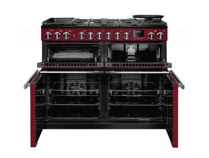 Front view of Rangemaster Professional Deluxe 110 Bordeaux Dual Fuel Range Cooker showing oven doors and controls