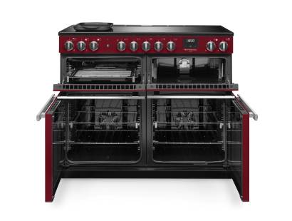 Front view of Rangemaster Professional Deluxe 110 Bordeaux Induction Range Cooker showing oven doors and controls