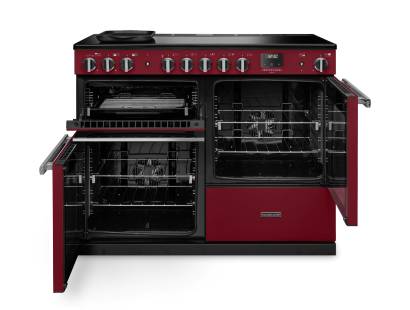 Front view of Rangemaster Professional Deluxe 110 Bordeaux Induction Range Cooker showing oven doors and controls