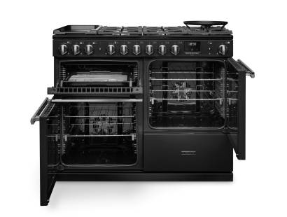 Front view of Rangemaster Professional Deluxe 110 Charcoal Black Dual Fuel Range Cooker showing oven doors and controls
