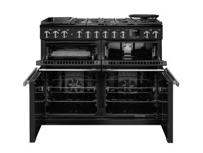 Front view of Rangemaster Professional Deluxe 110 Charcoal Black Dual Fuel Range Cooker showing oven doors and controls