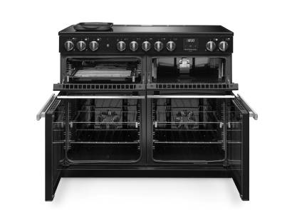 Front view of Rangemaster Professional Deluxe 110 Charcoal Black Induction Range Cooker showing oven doors and controls