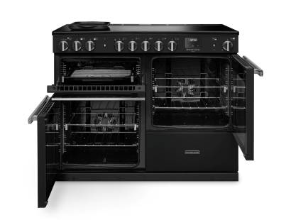 Front view of Rangemaster Professional Deluxe 110 Charcoal Black Induction Range Cooker showing oven doors and controls