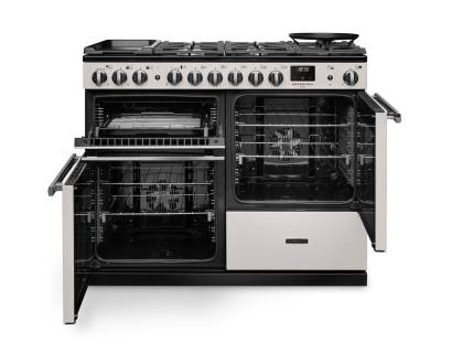 Front view of Rangemaster Professional Deluxe 110 Ivory Dual Fuel Range Cooker showing oven doors and controls