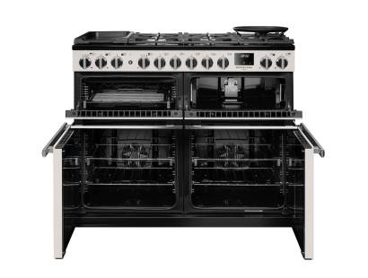 Front view of Rangemaster Professional Deluxe 110 Ivory Dual Fuel Range Cooker showing oven doors and controls