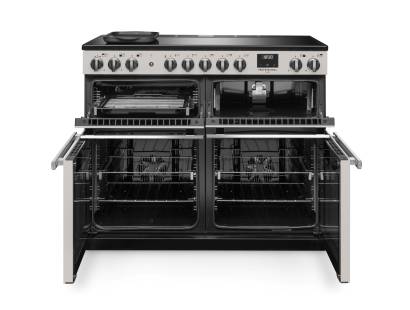 Front view of Rangemaster Professional Deluxe 110 Ivory Induction Range Cooker showing oven doors and controls