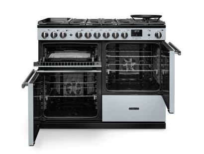 Front view of Rangemaster Professional Deluxe 110 Misty Blue Dual Fuel Range Cooker showing oven doors and controls