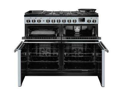 Front view of Rangemaster Professional Deluxe 110 Misty Blue Dual Fuel Range Cooker showing oven doors and controls