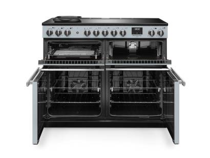 Front view of Rangemaster Professional Deluxe 110 Misty Blue Induction Range Cooker showing oven doors and controls