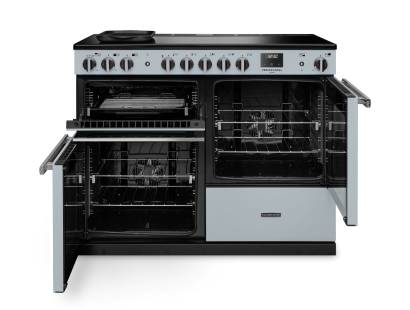 Front view of Rangemaster Professional Deluxe 110 Misty Blue Induction Range Cooker showing oven doors and controls