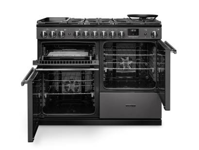 Front view of Rangemaster Professional Deluxe 110 Slate Dual Fuel Range Cooker showing oven doors and controls