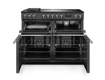 Front view of Rangemaster Professional Deluxe 110 Slate Induction Range Cooker showing oven doors and controls