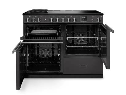 Front view of Rangemaster Professional Deluxe 110 Slate Induction Range Cooker showing oven doors