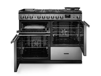 Front view of Rangemaster Professional Deluxe 110 Stainless Steel Dual Fuel Range Cooker showing oven doors and controls