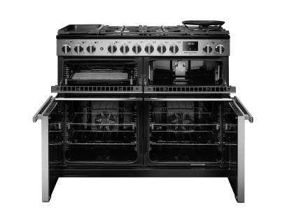 Front view of Rangemaster Professional Deluxe 110 Stainless Steel Dual Fuel Range Cooker showing oven doors and controls