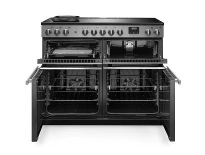 Front view of Rangemaster Professional Deluxe 110 Stainless Steel Induction Range Cooker showing oven doors and controls