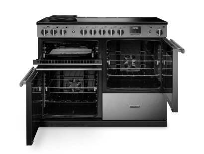 Front view of Rangemaster Professional Deluxe 110 Stainless Steel Induction Range Cooker showing oven doors and controls