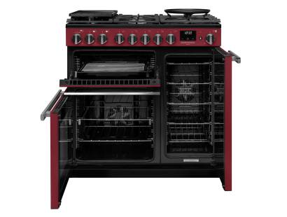 Front view of Rangemaster Professional Deluxe 90 Bordeaux Dual Fuel Range Cooker showing oven doors and controls