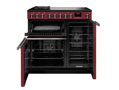 Front view of Rangemaster Professional Deluxe 90 Bordeaux Induction Range Cooker showing oven doors and controls