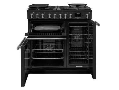 Front view of Rangemaster Professional Deluxe 90 Charcoal Black Dual Fuel Range Cooker showing oven doors and controls