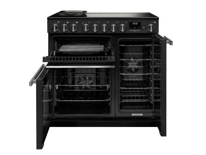 Front view of Rangemaster Professional Deluxe 90 Charcoal Black Induction Range Cooker showing oven doors and controls