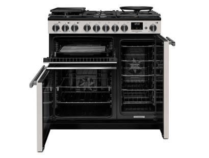 Front view of Rangemaster Professional Deluxe 90 Ivory Dual Fuel Range Cooker showing oven doors and controls