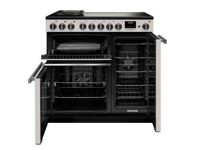 Front view of Rangemaster Professional Deluxe 90 Ivory Induction Range Cooker showing oven doors and controls