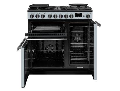 Front view of Rangemaster Professional Deluxe 90 Misty Blue Dual Fuel Range Cooker showing oven doors and controls