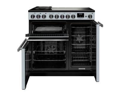 Front view of Rangemaster Professional Deluxe 90 Misty Blue Induction Range Cooker showing oven doors and controls